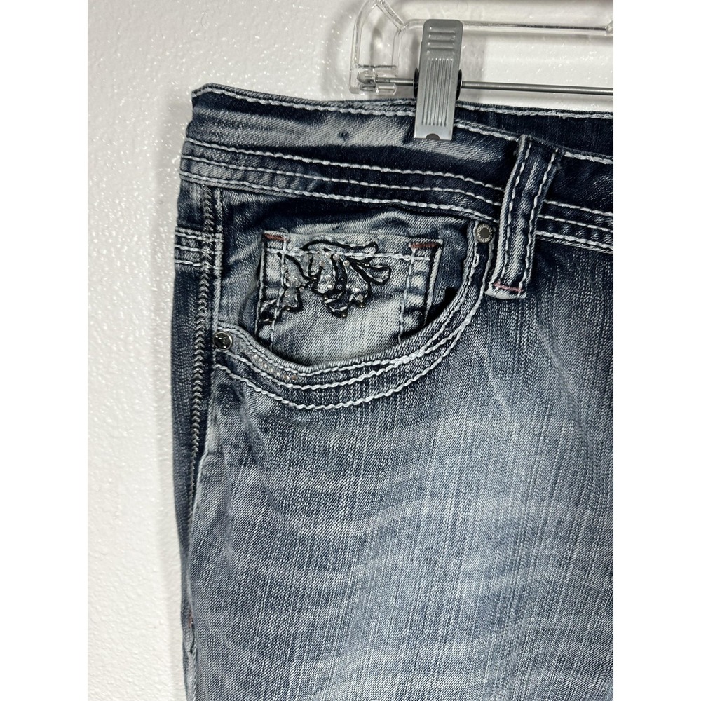 Hydraulic Bailey Jeans Womens 22 Blue Distressed Embroidered Capri Cropped Denim - Picture 6 of 10